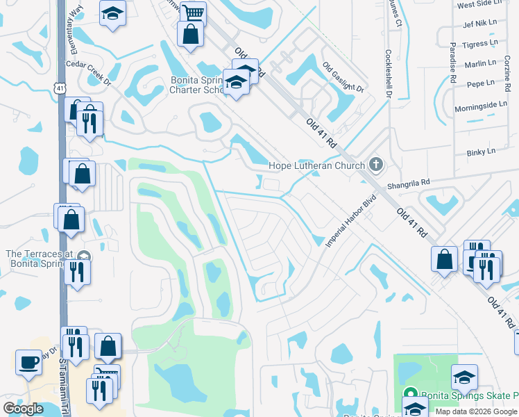 map of restaurants, bars, coffee shops, grocery stores, and more near 26066 Princess Lane in Bonita Springs
