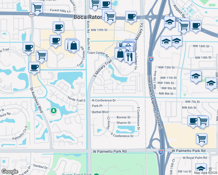 map of restaurants, bars, coffee shops, grocery stores, and more near 5335 Park Place Circle in Boca Raton
