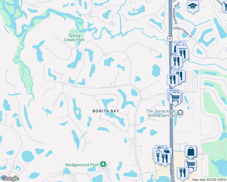 map of restaurants, bars, coffee shops, grocery stores, and more near 3649 Woodlake Drive in Bonita Springs