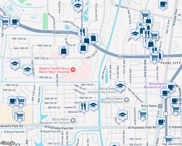 map of restaurants, bars, coffee shops, grocery stores, and more near 628 Northwest 13th Street in Boca Raton
