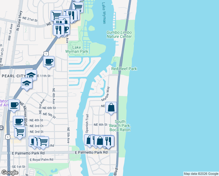 map of restaurants, bars, coffee shops, grocery stores, and more near 900 Marble Way in Boca Raton