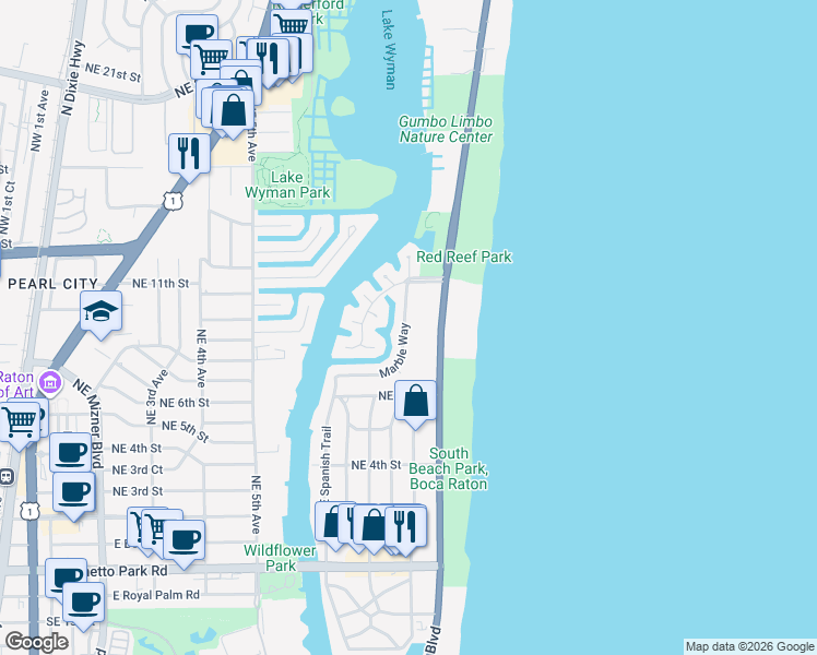 map of restaurants, bars, coffee shops, grocery stores, and more near 980 Marble Way in Boca Raton