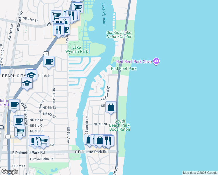 map of restaurants, bars, coffee shops, grocery stores, and more near 980 Marble Way in Boca Raton