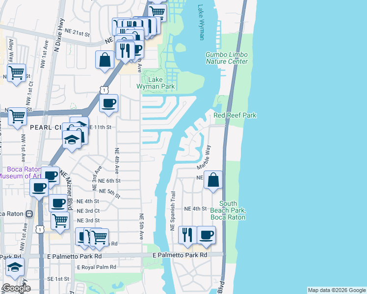 map of restaurants, bars, coffee shops, grocery stores, and more near 765 Bamboo Drive in Boca Raton