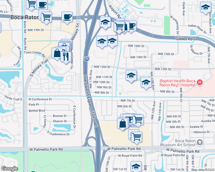 map of restaurants, bars, coffee shops, grocery stores, and more near 1541 Northwest 9th Street in Boca Raton