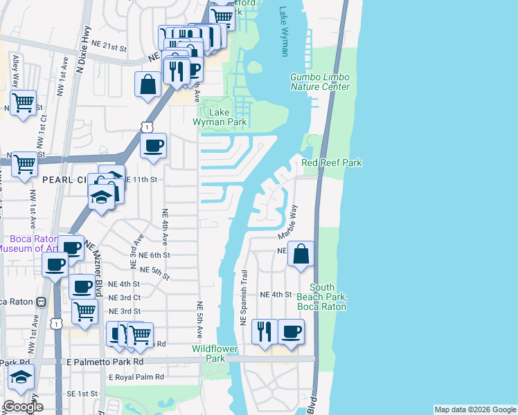 map of restaurants, bars, coffee shops, grocery stores, and more near 765 Bamboo Drive in Boca Raton