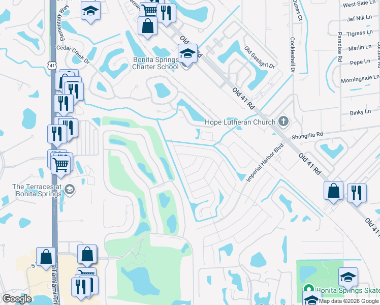 map of restaurants, bars, coffee shops, grocery stores, and more near 26037 Princess Lane in Bonita Springs