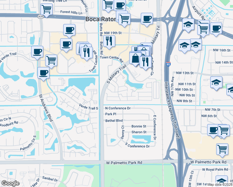 map of restaurants, bars, coffee shops, grocery stores, and more near 5493 Grand Park Place in Boca Raton