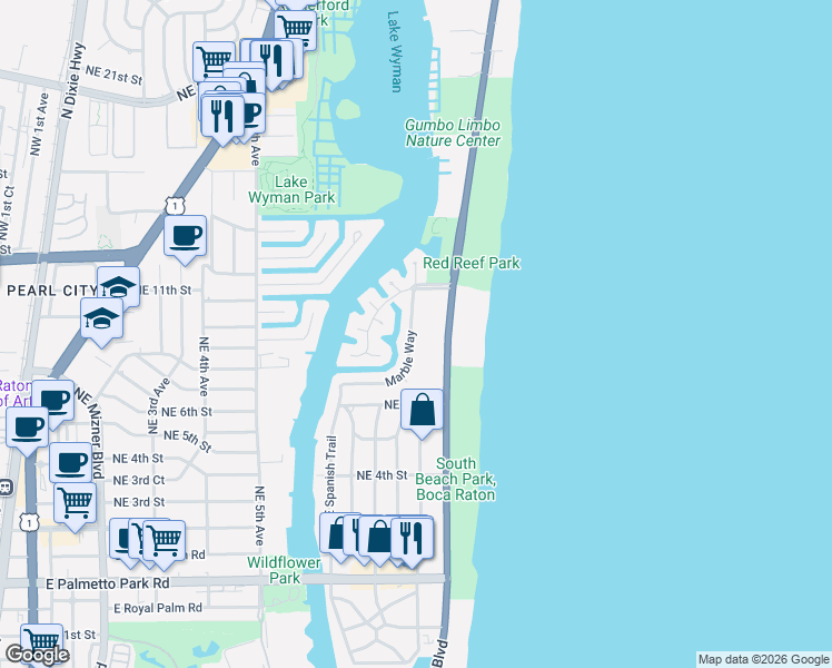 map of restaurants, bars, coffee shops, grocery stores, and more near 980 Marble Way in Boca Raton