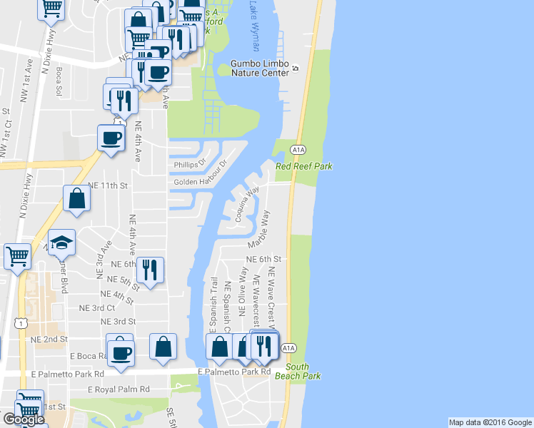 map of restaurants, bars, coffee shops, grocery stores, and more near 980 Marble Way in Boca Raton