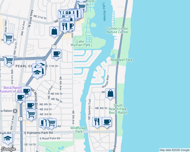 map of restaurants, bars, coffee shops, grocery stores, and more near 765 Bamboo Drive in Boca Raton