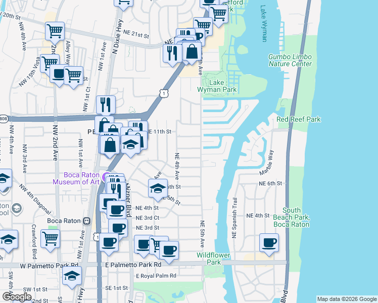 map of restaurants, bars, coffee shops, grocery stores, and more near 437 Northeast 10th Street in Boca Raton