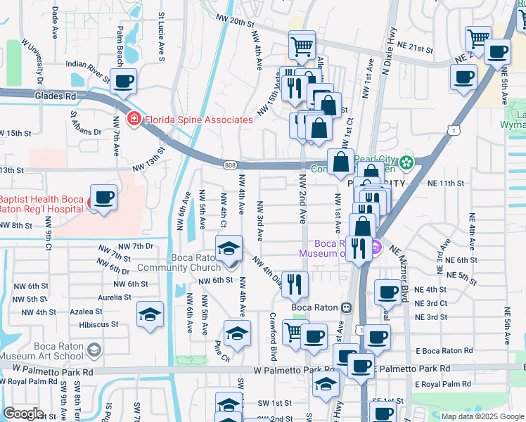 map of restaurants, bars, coffee shops, grocery stores, and more near 1000 Northwest 3rd Avenue in Boca Raton