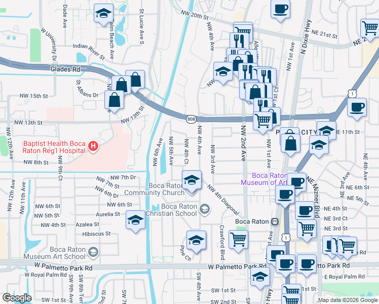 map of restaurants, bars, coffee shops, grocery stores, and more near 1001 Northwest 4th Avenue in Boca Raton