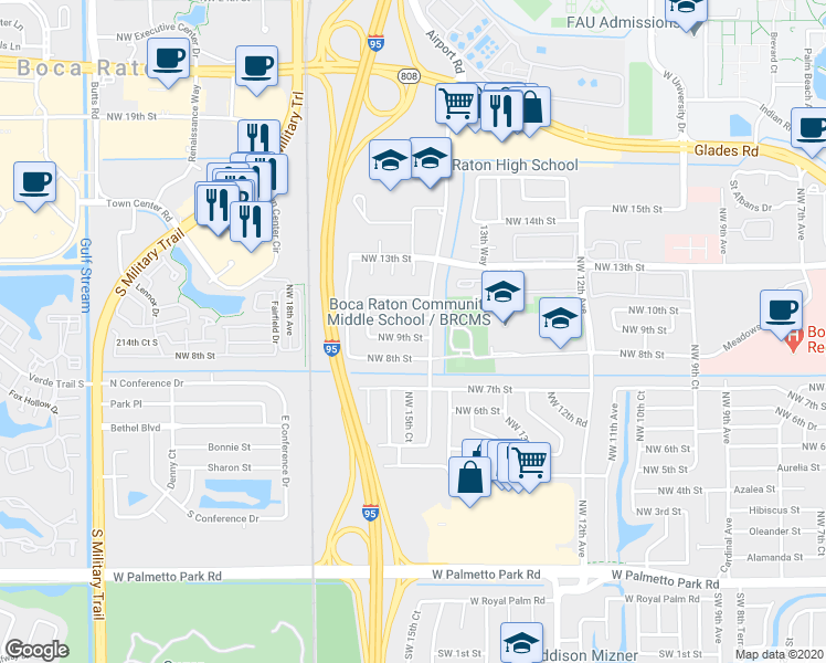 map of restaurants, bars, coffee shops, grocery stores, and more near 1520 Northwest 10th Street in Boca Raton