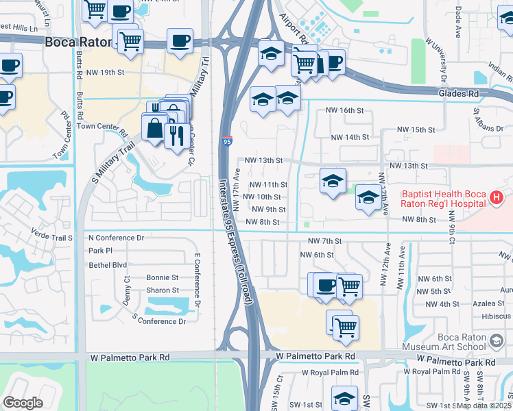 map of restaurants, bars, coffee shops, grocery stores, and more near 1640 Northwest 10th Street in Boca Raton