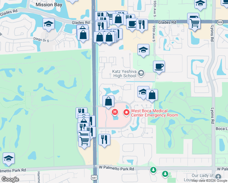 map of restaurants, bars, coffee shops, grocery stores, and more near 9817 Arbor Oaks Lane in Boca Raton