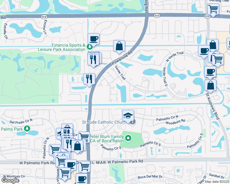 map of restaurants, bars, coffee shops, grocery stores, and more near 21430 Laguna Drive in Boca Raton