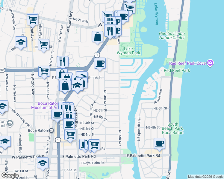 map of restaurants, bars, coffee shops, grocery stores, and more near 437 Northeast 10th Street in Boca Raton
