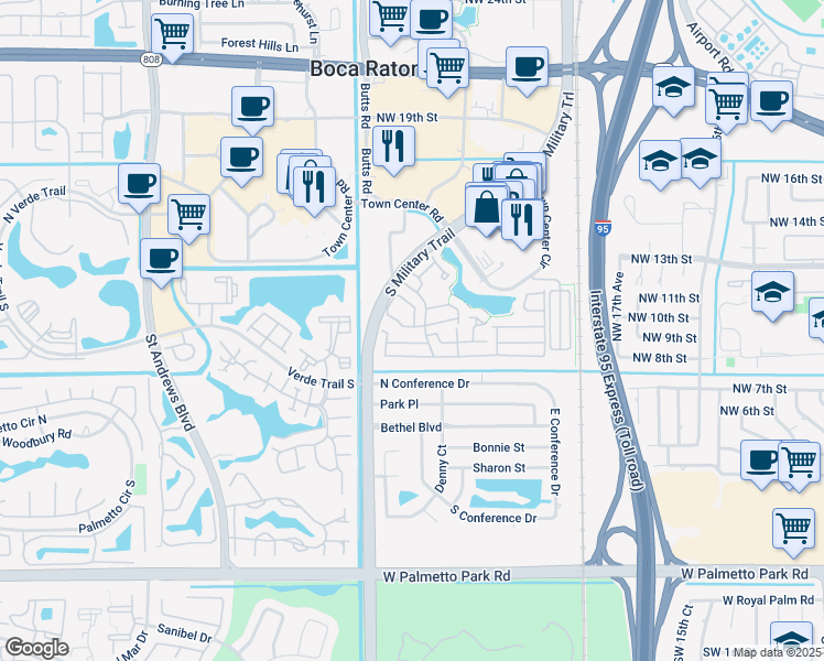 map of restaurants, bars, coffee shops, grocery stores, and more near 5485 Grand Park Place in Boca Raton