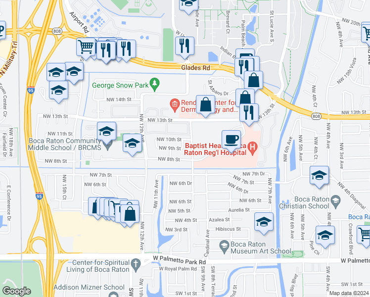 map of restaurants, bars, coffee shops, grocery stores, and more near 961 Northwest 9th Court in Boca Raton