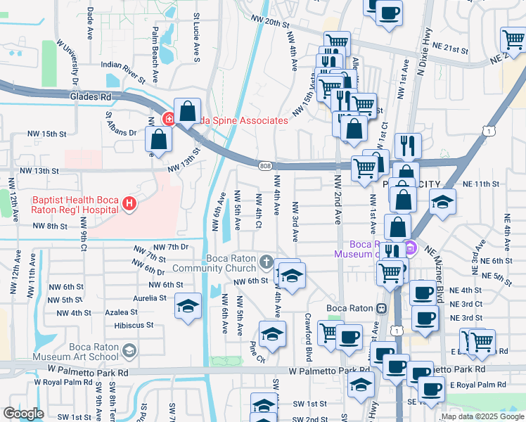 map of restaurants, bars, coffee shops, grocery stores, and more near 1001 Northwest 4th Avenue in Boca Raton