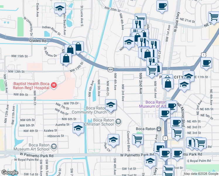 map of restaurants, bars, coffee shops, grocery stores, and more near 1001 Northwest 4th Avenue in Boca Raton