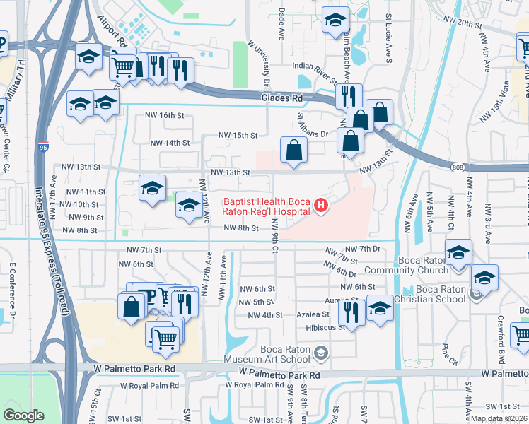 map of restaurants, bars, coffee shops, grocery stores, and more near 961 Northwest 9th Court in Boca Raton