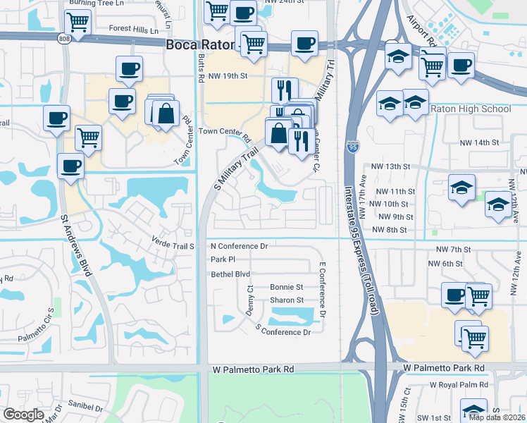 map of restaurants, bars, coffee shops, grocery stores, and more near 5335 Park Place Circle in Boca Raton