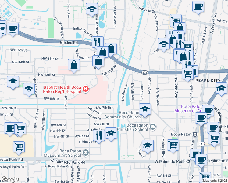 map of restaurants, bars, coffee shops, grocery stores, and more near 644 Northwest 13th Street in Boca Raton