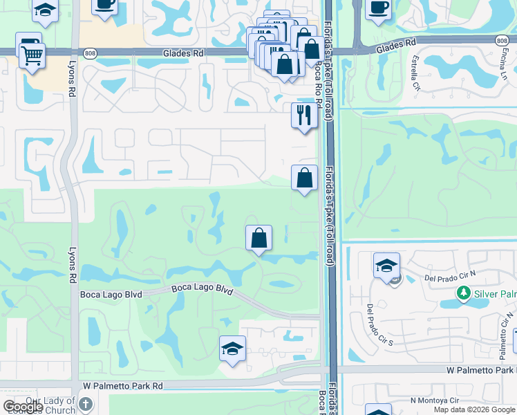 map of restaurants, bars, coffee shops, grocery stores, and more near 21213 Lago Circle in Boca Raton
