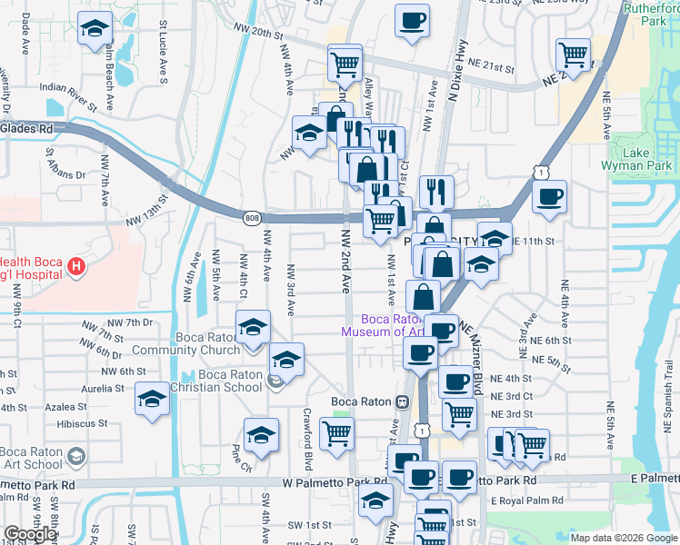 map of restaurants, bars, coffee shops, grocery stores, and more near 221 Northwest 10th Street in Boca Raton