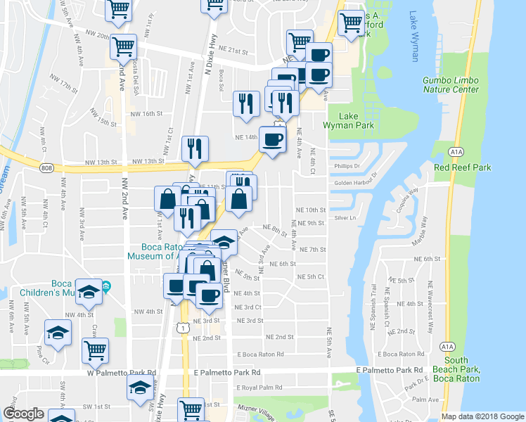 map of restaurants, bars, coffee shops, grocery stores, and more near 991 Northeast 2nd Terrace in Boca Raton