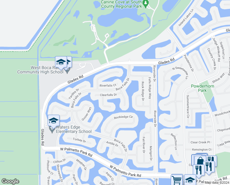 map of restaurants, bars, coffee shops, grocery stores, and more near 12363 Clearfalls Drive in Boca Raton