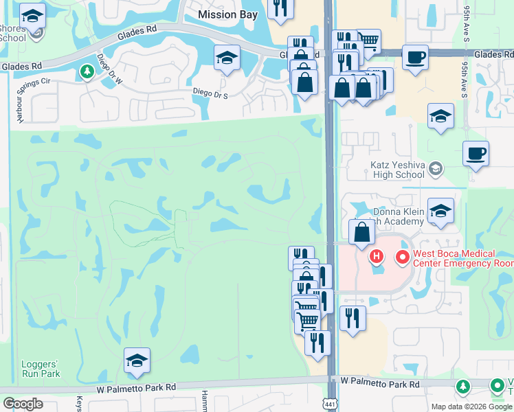 map of restaurants, bars, coffee shops, grocery stores, and more near 10289 Silver Lake Drive in Boca Raton