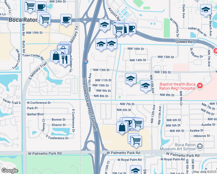 map of restaurants, bars, coffee shops, grocery stores, and more near 1520 Northwest 10th Street in Boca Raton