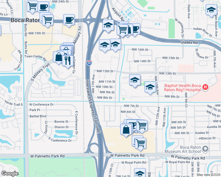 map of restaurants, bars, coffee shops, grocery stores, and more near 1520 Northwest 10th Street in Boca Raton