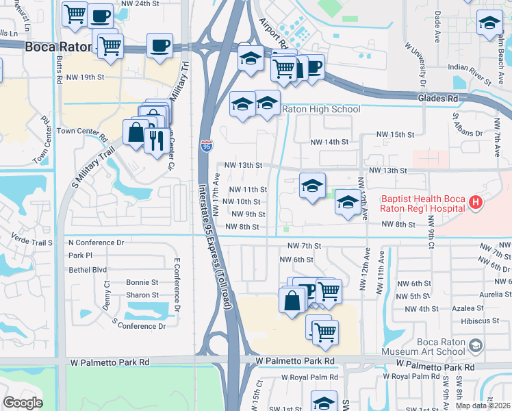 map of restaurants, bars, coffee shops, grocery stores, and more near 1520 Northwest 10th Street in Boca Raton