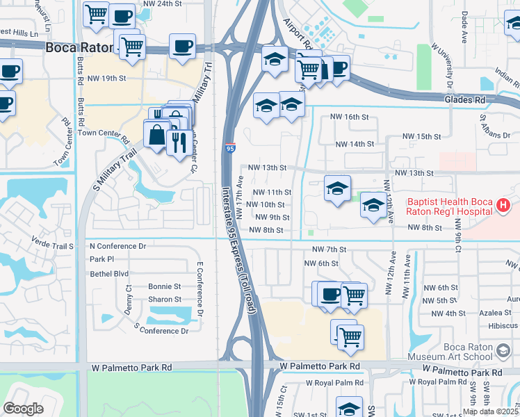 map of restaurants, bars, coffee shops, grocery stores, and more near 1640 Northwest 10th Street in Boca Raton