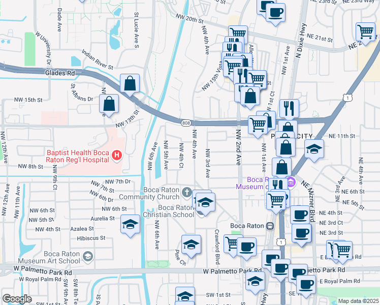 map of restaurants, bars, coffee shops, grocery stores, and more near 1001 Northwest 4th Avenue in Boca Raton