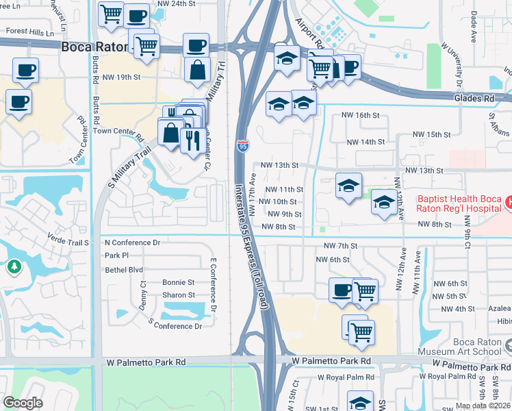 map of restaurants, bars, coffee shops, grocery stores, and more near 1698 Northwest 10th Street in Boca Raton