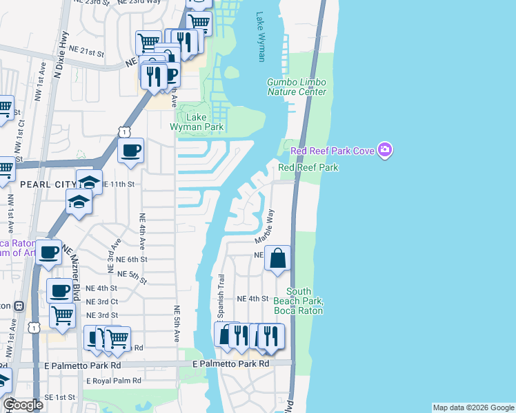 map of restaurants, bars, coffee shops, grocery stores, and more near 790 Coquina Way in Boca Raton