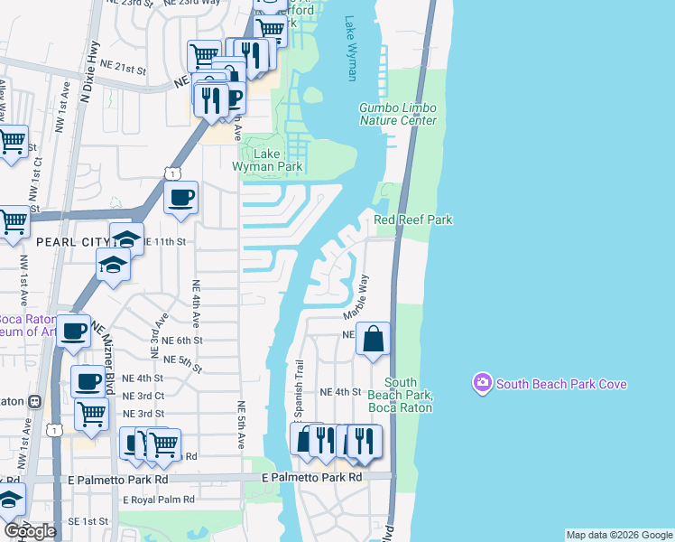 map of restaurants, bars, coffee shops, grocery stores, and more near 790 Coquina Way in Boca Raton