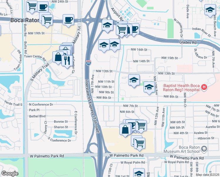 map of restaurants, bars, coffee shops, grocery stores, and more near 1520 Northwest 10th Street in Boca Raton