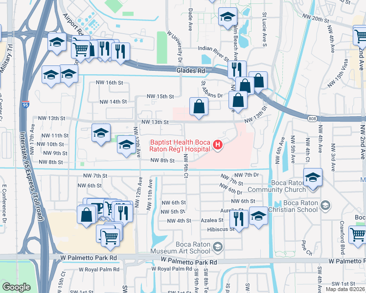 map of restaurants, bars, coffee shops, grocery stores, and more near 961 Northwest 9th Court in Boca Raton