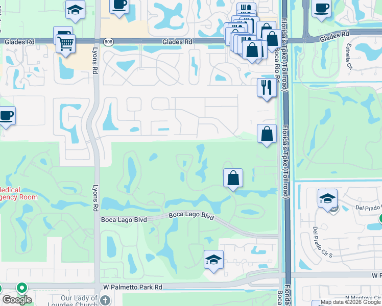 map of restaurants, bars, coffee shops, grocery stores, and more near 8520 Casa Del Lago in Boca Raton