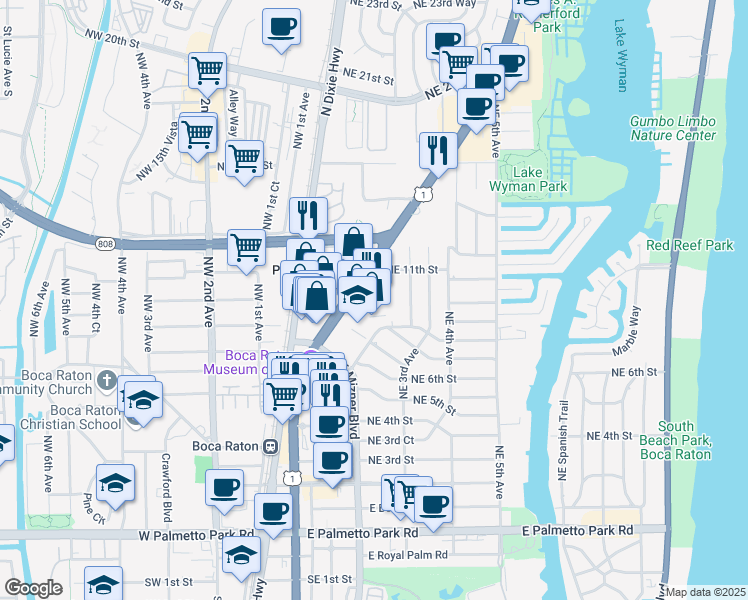 map of restaurants, bars, coffee shops, grocery stores, and more near 980 U.S. 1 in Boca Raton