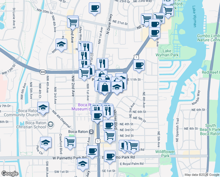 map of restaurants, bars, coffee shops, grocery stores, and more near 66 Northeast 1st Avenue in Boca Raton