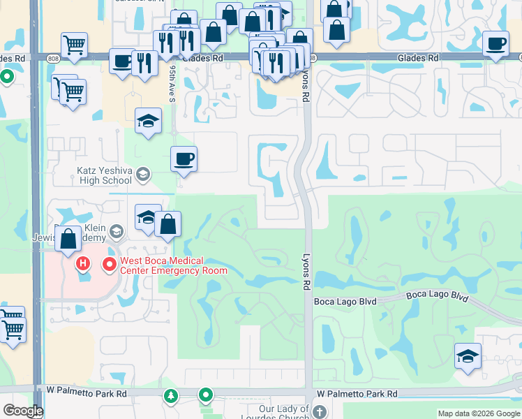 map of restaurants, bars, coffee shops, grocery stores, and more near 21104 White Oak Avenue in Boca Raton