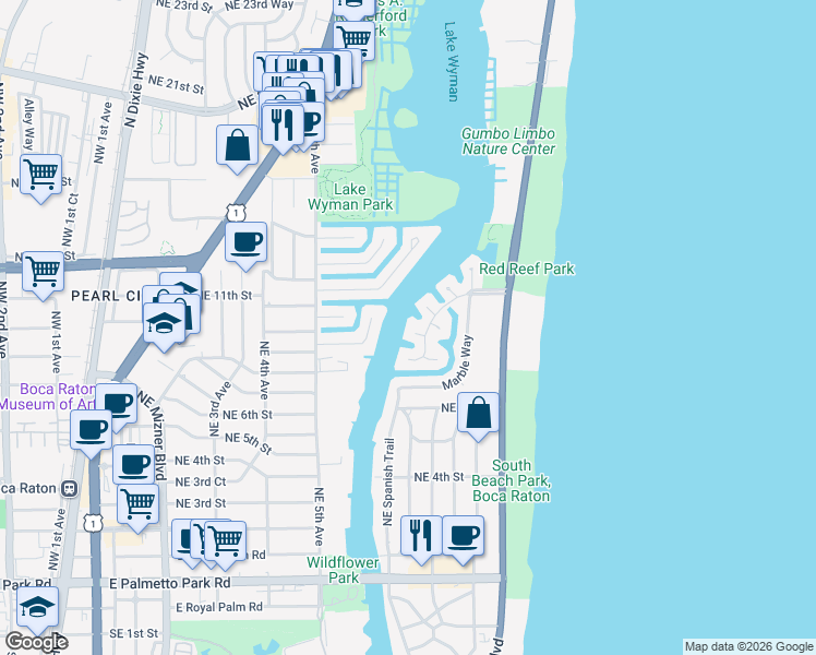 map of restaurants, bars, coffee shops, grocery stores, and more near 765 Bamboo Drive in Boca Raton